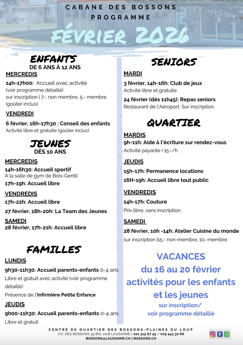 Programme février 2026 Cabane des Bossons